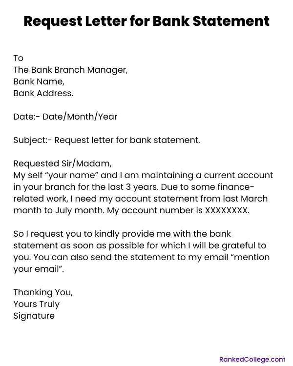 bank statement request letter