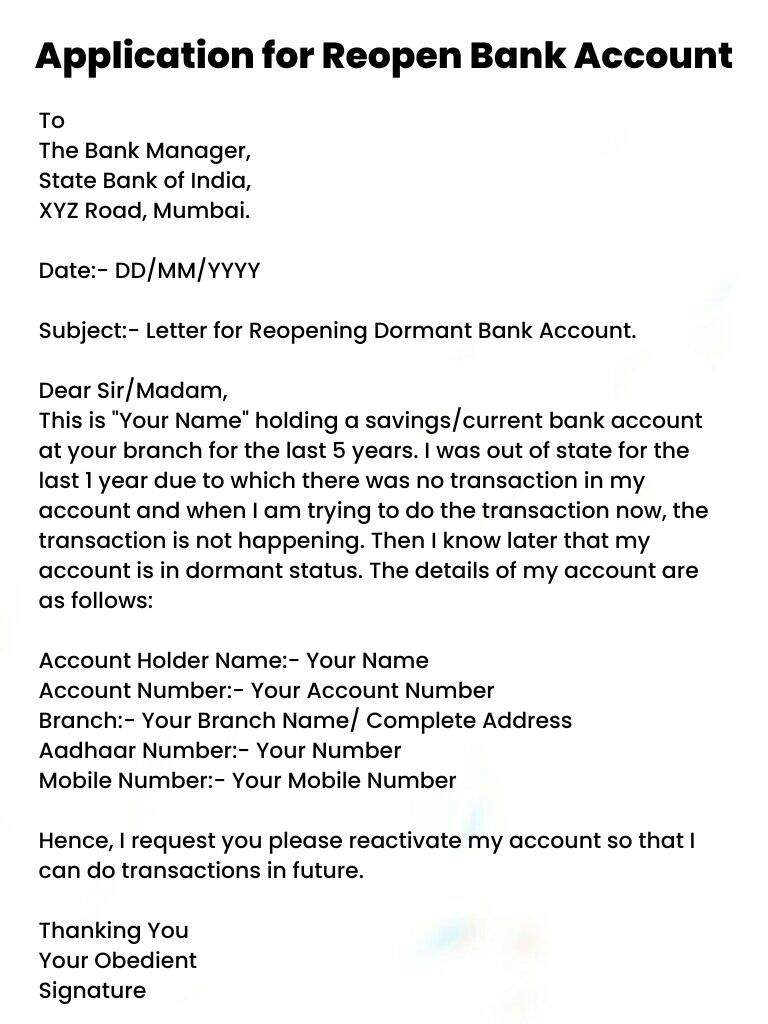 application letter to bank manager for reopen account