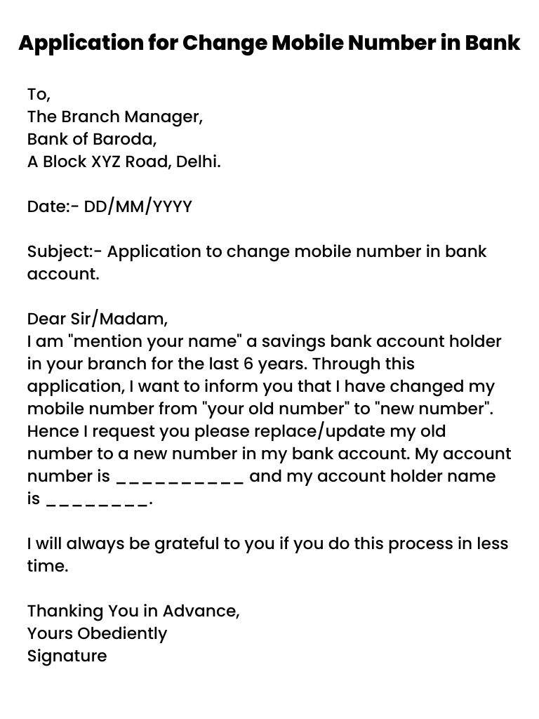 application for change mobile number in bank