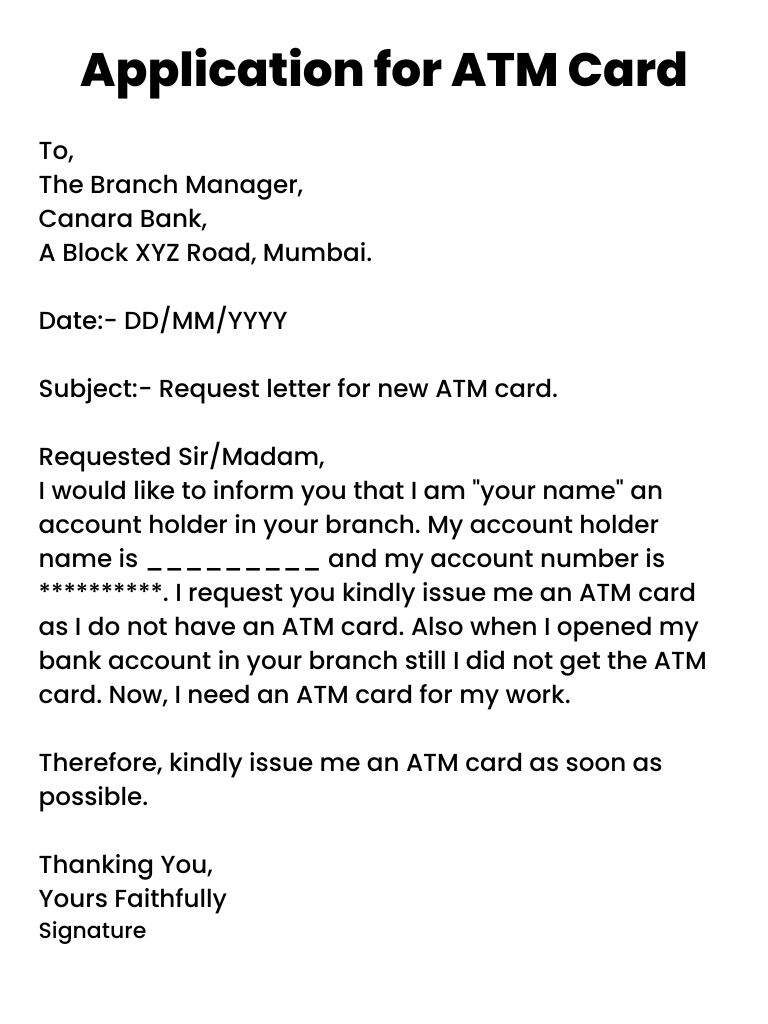 application letter for atm card withdrawal